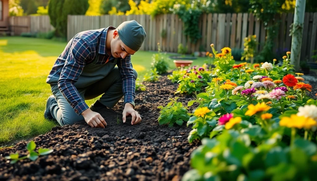 Gardening expert planting seeds in a colorful vegetable garden filled with vibrant plants.