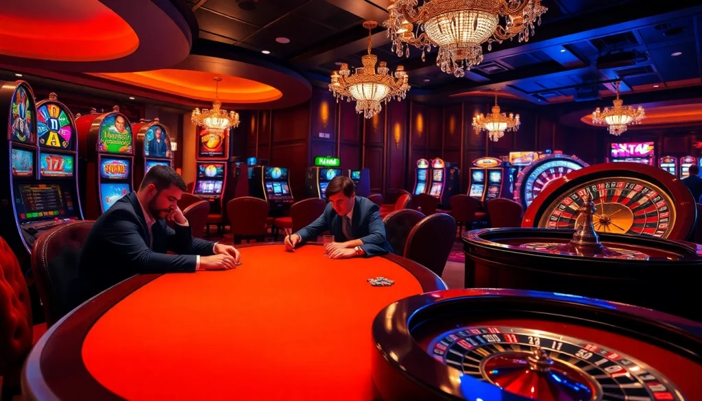 Exciting gambling scene at https://topxx88.com/ featuring a poker table, slot machines, and roulette wheel.