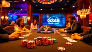 Players engage at a poker table, showcasing chips and cards in the vibrant God345 casino atmosphere.