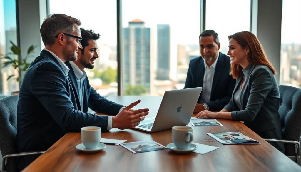 Real Estate consultation with a diverse agent and clients in a modern office setting.