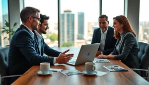 Real Estate consultation with a diverse agent and clients in a modern office setting.