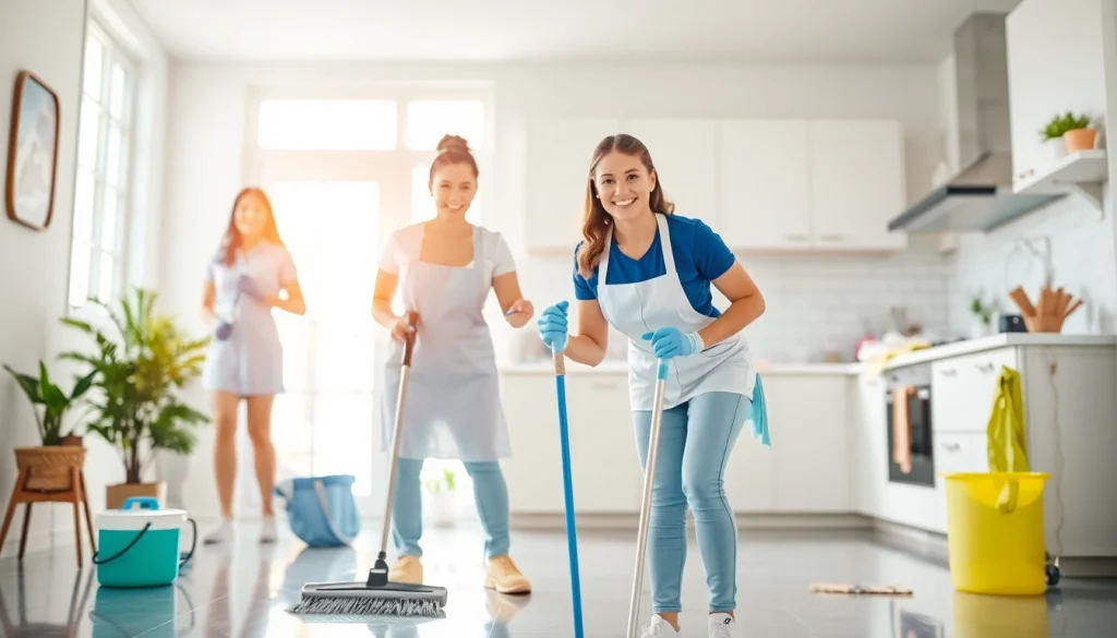 Cleaners delivering exceptional cleaning services in a bright, organized kitchen.