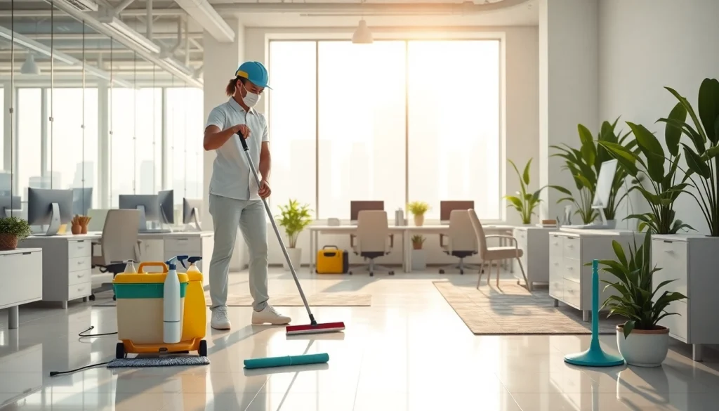 Office Cleaning Services Dubai with a cleaning professional in a bright, organized office setting.