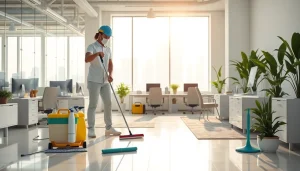 Office Cleaning Services Dubai with a cleaning professional in a bright, organized office setting.