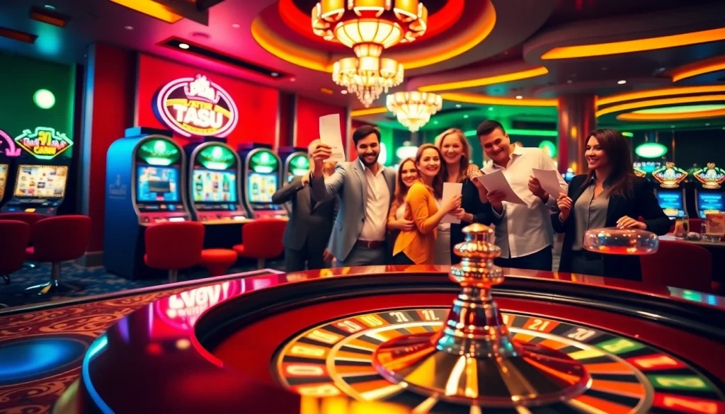 Experience the excitement of 789 win at a vibrant casino scene with roulette and thrilled players.