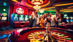 Experience the excitement of 789 win at a vibrant casino scene with roulette and thrilled players.