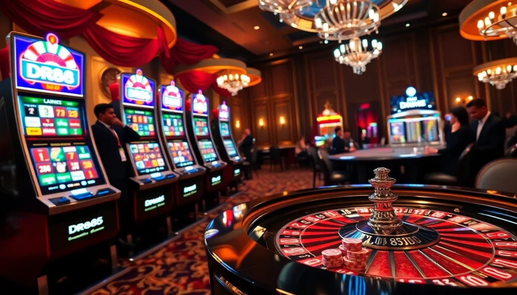 Experience the thrill of gaming with DR88 in a vibrant online casino scene featuring roulette and slot machines.