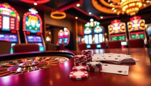 Players enjoying a winning moment at 9Dbet casino with chips and cards in hand.