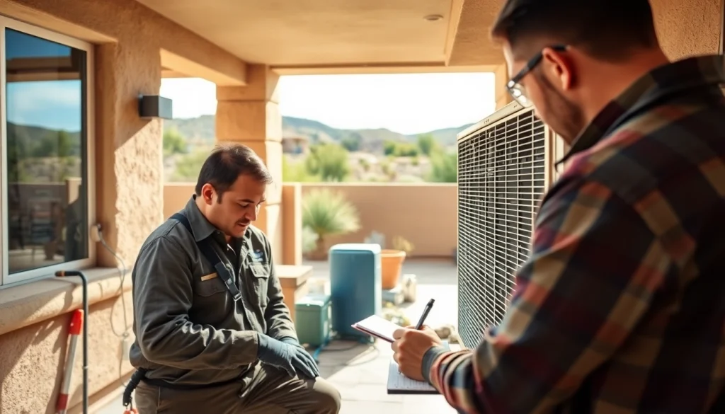 Technician performing maintenance on Scottsdale AC unit in a sunny desert setting.
