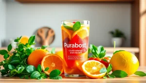 Puraboost drink mix with fresh fruits and greens, showcasing vibrant energy.