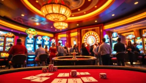 RR88 players enjoying a vibrant casino scene with poker, roulette, and slot machines.