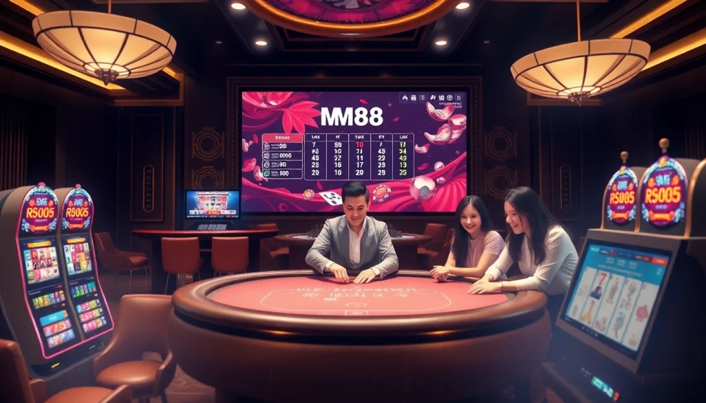 Engage with thrilling games at MM88 Tokyo's online casino, showcasing live dealers and vibrant slot machines.