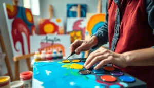 Creating vibrant art with acrylics at https://acrylicpedia.com, showcasing a colorful artist's studio.