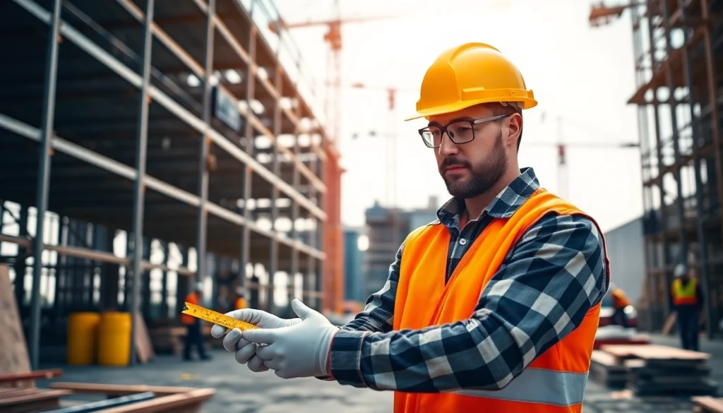 Careers in construction: Professional construction worker meticulously measuring materials on-site.