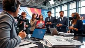 Capture journalists analyzing stories for https://news-parade.com.ua in a bustling newsroom environment.