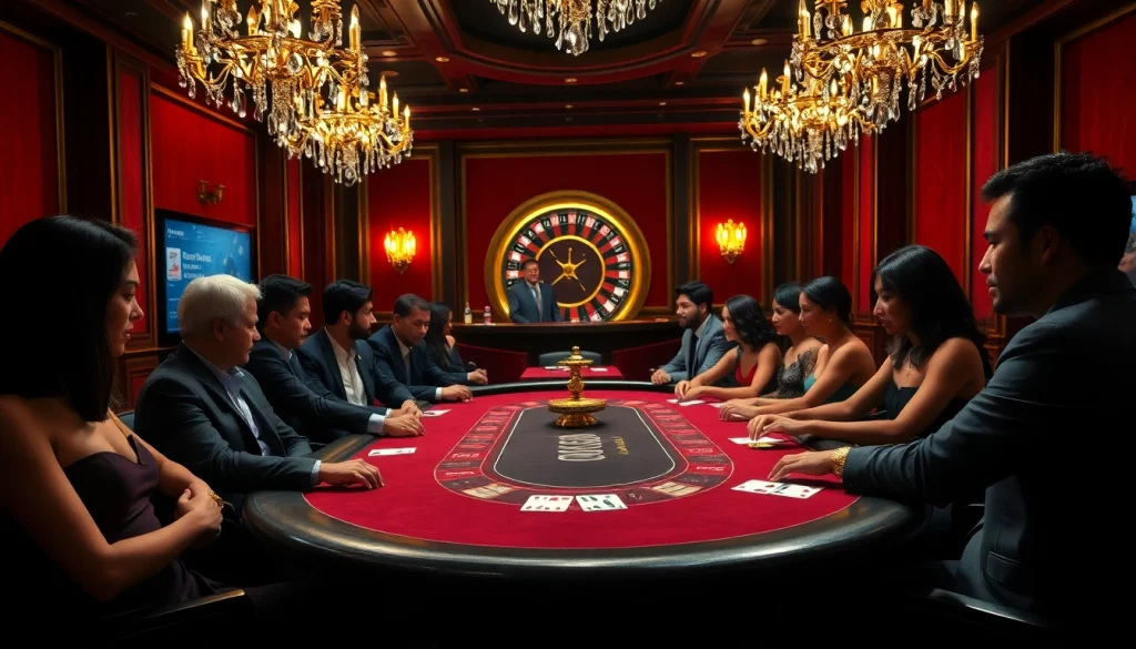 Engaged players strategizing their moves at a jbo-themed casino poker table.