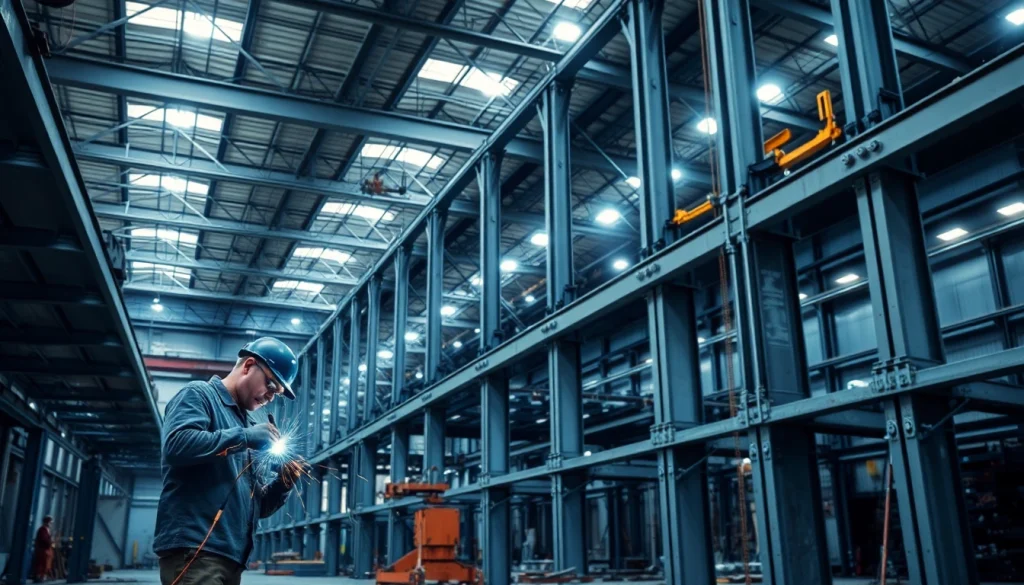 Workers engaged in structural steel fabrication show expertise in assembling metal components.