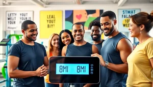 Group of adults using a bmi calculator in a modern gym to assess their health.