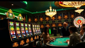 Excited players engage with Slot777 machines in a luxurious casino setting.