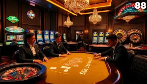 Engaging players enjoying the luxurious Hi88 online casino experience with vibrant slot machines.