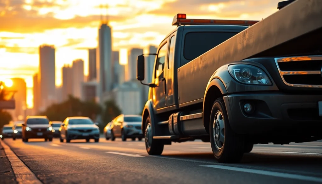 Engaging tow truck service at https://trtrecoveryuae.com showcased in a vibrant urban sunset.