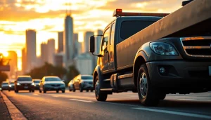 Engaging tow truck service at https://trtrecoveryuae.com showcased in a vibrant urban sunset.