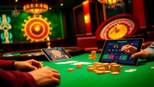 Adegan taruhan Dewanaga89 yang menampilkan aksi meja kasino yang hidup dengan chip poker mewah.