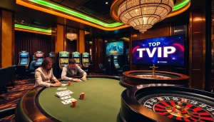 TOP VIP casino scene with players at a poker table and a spinning roulette wheel, showcasing luxury.