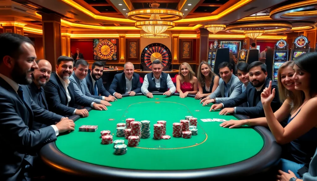 Players enjoying a 22JL poker game at a luxurious casino table surrounded by vibrant decor.