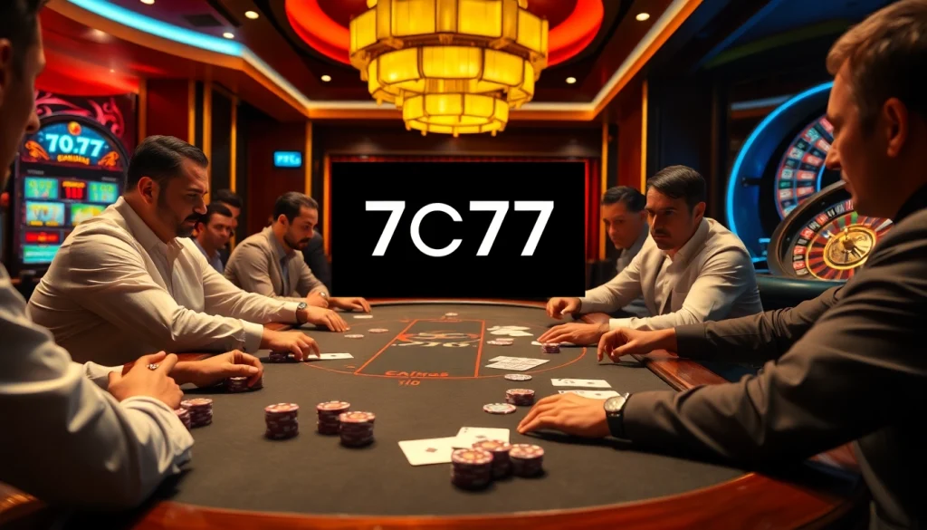 Engage in luxury gaming at 7C77 casino with players, vibrant poker chips, and casino tables.
