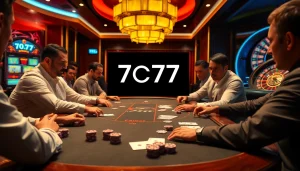 Engage in luxury gaming at 7C77 casino with players, vibrant poker chips, and casino tables.