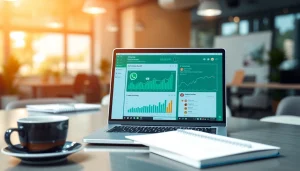 Engage with WhatsApp Business CRM interface displayed on a sleek laptop in a modern office setting.