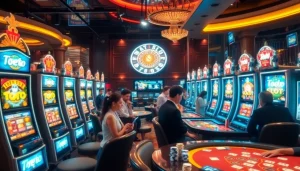 Excited gamblers engaging with Toto Slot machines and casino tables in a vibrant gaming atmosphere.
