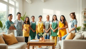 Friendly team from a maid agency providing cleaning services in a bright home.