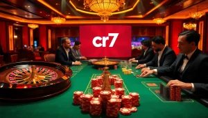 Betting excitement at a casino table featuring the cr7 App logo and colorful poker chips.