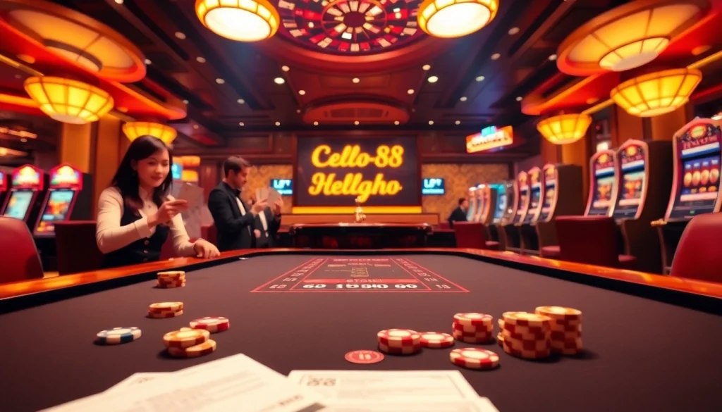 Hello88 casino scene with players at a blackjack table and roulette wheel spinning
