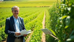 Agricultural law expert consulting with a farmer in a scenic agricultural landscape.