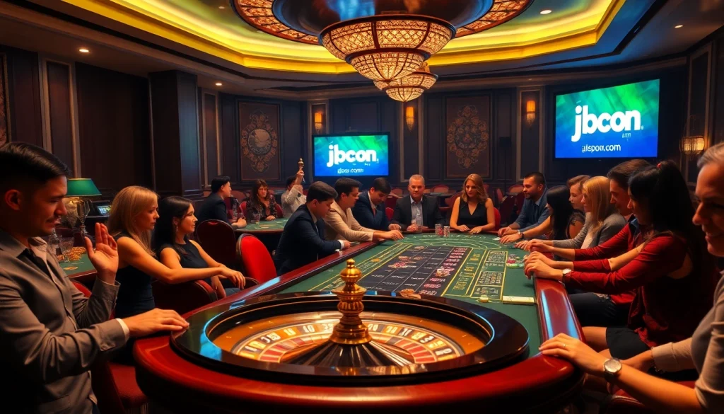 Experience the thrill of gaming at jbo.com with vibrant casino visuals showcasing poker and roulette action.