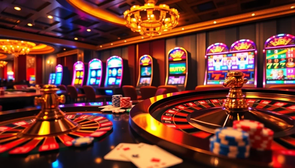 Experience excitement at birutoto with vibrant poker chips and a spinning roulette wheel in a luxurious casino.