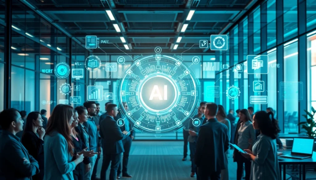 Find AI with AI: Professionals collaborating over a digital interface showcasing innovative AI tools.