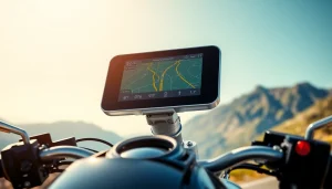 Viewing a motorcycle screen displaying navigation on a sleek motorcycle outdoors.
