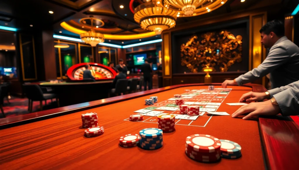 Engage in exciting gameplay at 99OK with vibrant poker chips and cards on a luxurious casino table.