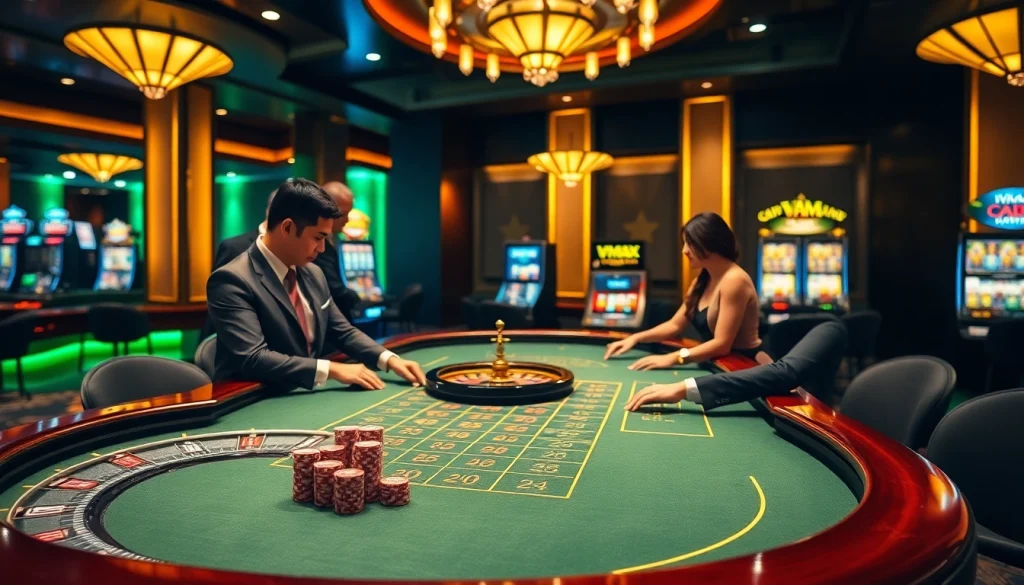 Experience thrilling games at VMAX's luxurious casino with vibrant Baccarat tables and bright slot machines.