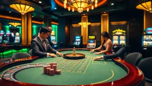 Experience thrilling games at VMAX's luxurious casino with vibrant Baccarat tables and bright slot machines.