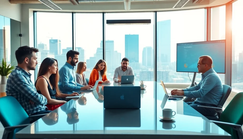 Agency team brainstorming in a modern office, showcasing collaboration and creativity.