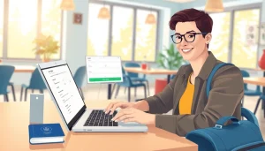 Person completing the esta application on a laptop amidst travel items.