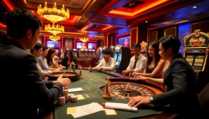 Experience thrilling casino action at https://kkwin.co.com/ with players betting at tables and spinning slots.