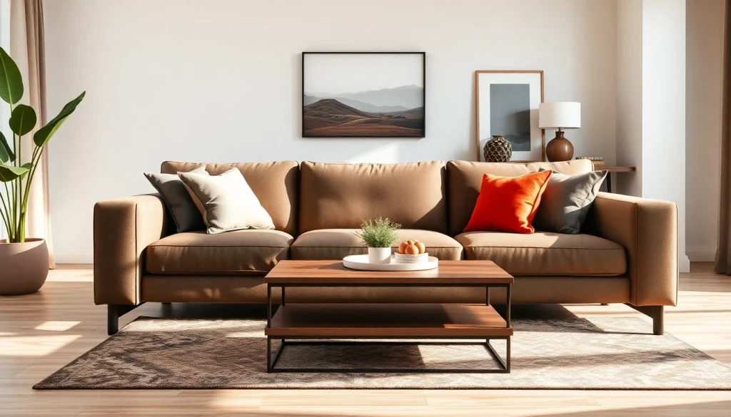 Δημιουργική σύνθεση επιπλων σαλονιού σε ζεστές αποχρώσεις και μοντέρνο στυλ.