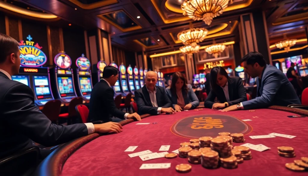 Action-packed scene at a NOHU90 poker table, showcasing thrilling gameplay and vibrant casino atmosphere.