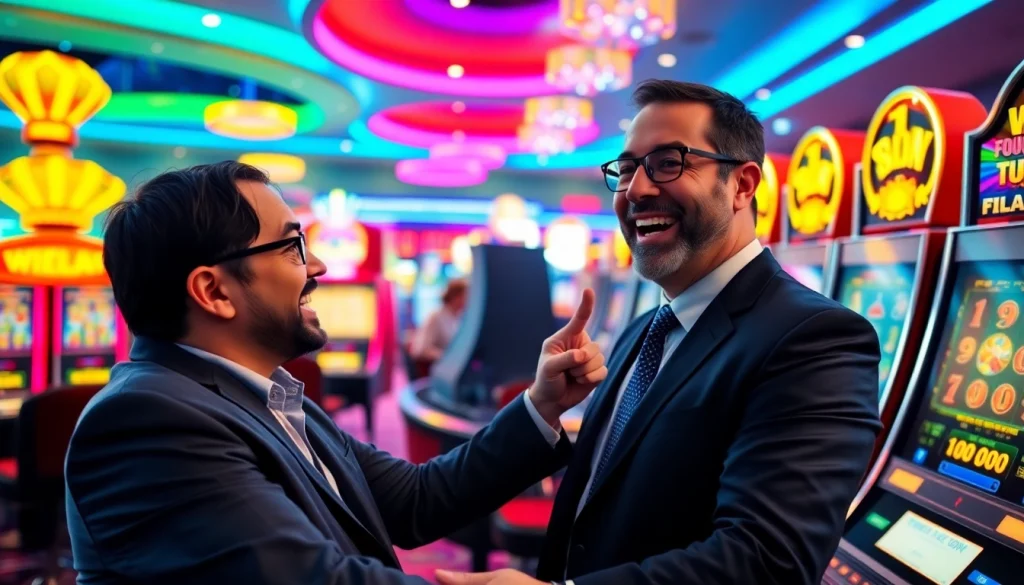 Memenangkan permainan slot deposit 1000 di kasino yang meriah dengan mesin berwarna-warni.